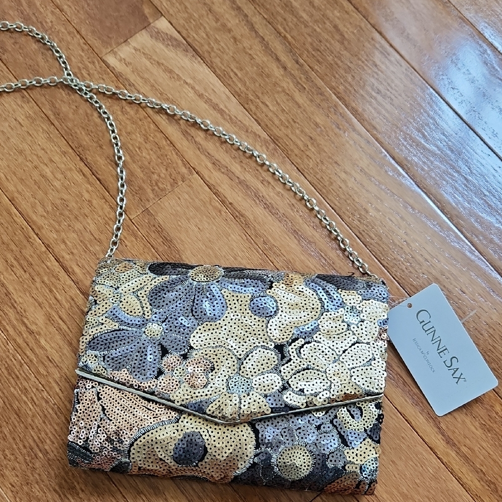 Gunne Sax Floral Sequin Clutch - Gold and silver